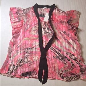Pink and Black Pleated Blouse with Cap Sleeves